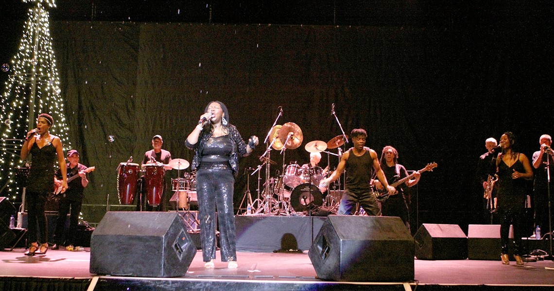 Photograph of Boney M on stage